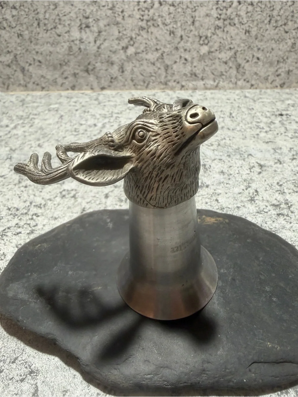 Vintage Jägermeister Pewter and Stainless Steel Stag Head Shot Glass and Jigger